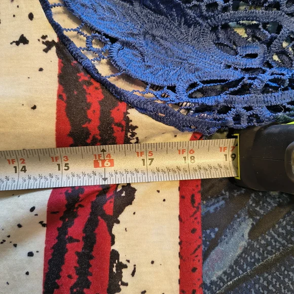 Unknown Red, White & Blue American Flag Cold Shoulder Top With Lace Sleeves - Picture 4 of 5